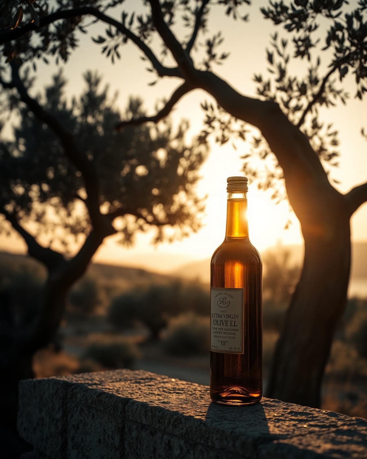 Bottle of Levantine extra virgin olive oil in an ancient olive grove at golden hour