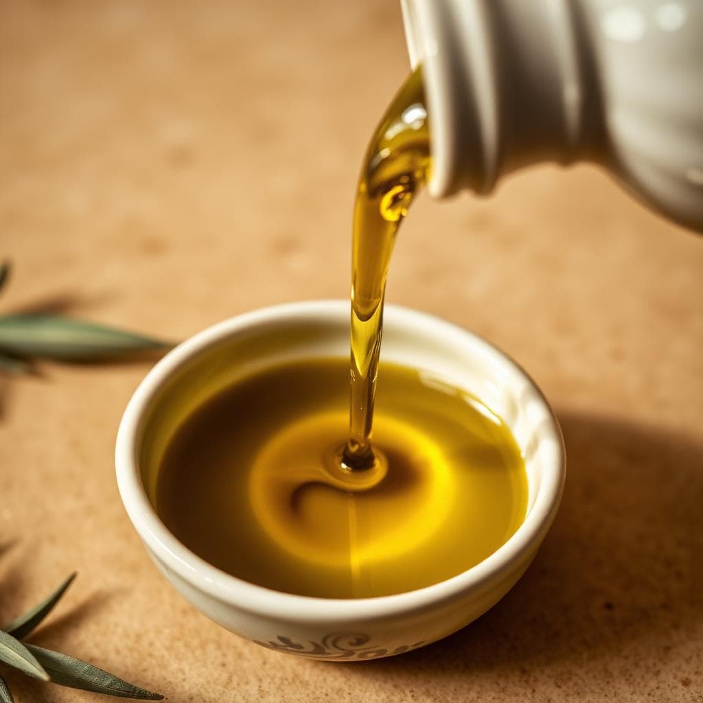 Olive oil poured into a ceramic dish